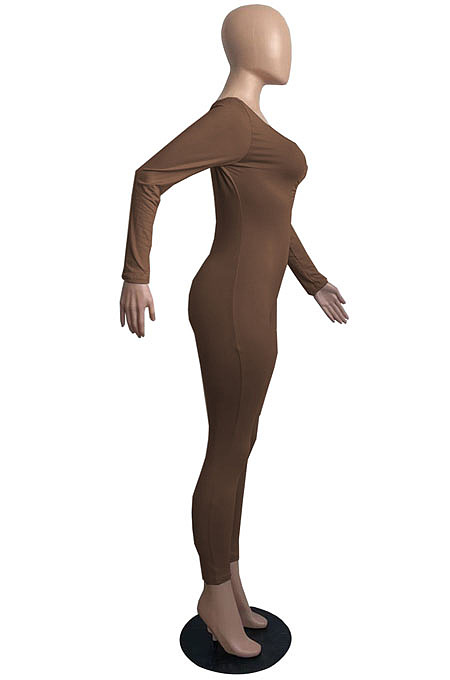 Sexy New Women Long Sleeve V Neck Fron Ruffle Solid Color Bodycon Jumpsuits FH187
