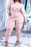 Women Cotton Blend Letter Printed Long Sleeve Oblique Shoulder Slim Fitting Solid Color Jumpsuits H1792