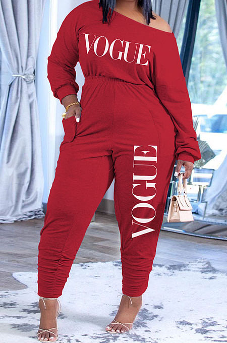 Women Cotton Blend Letter Printed Long Sleeve Oblique Shoulder Slim Fitting Solid Color Jumpsuits H1792