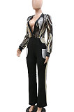 Euramerican Women Sequins Spliced Deep V Collar Perspectivity Pocket Wide Leg Jumpsuits CCY9576