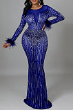 Fashion Sexy Long Sleeve Round Collar Feather Hip Hot Drilling Long Dress CCY9578
