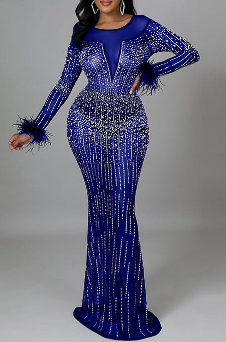 Fashion Sexy Long Sleeve Round Collar Feather Hip Hot Drilling Long Dress CCY9578