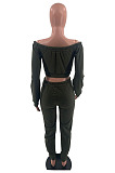 Wholesal Cotton Women Long Sleeve Off Shoulder Bowknot Crop Tops Trousres Casual Sets HMR6089