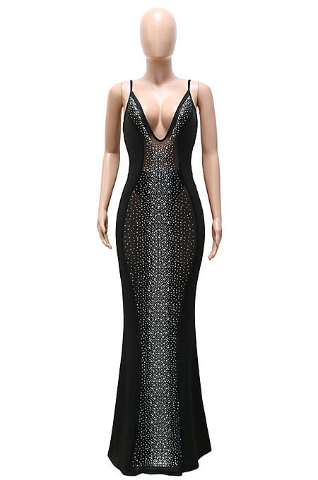 Euramerican Sexy Perspectivity Condole Belt Bling Bling Deep V Collar Backless Bodycon Long Dress CCY9583