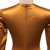 Fashion Women Sexy Pure Color Long Sleeve Hollow Out Ruffle Hip Mini Dress XZ5583