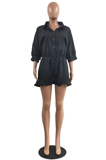 Hot Sales Women Half Sleeve Lapel Neck Single-Breasted Waisted Bandage Solid Color Romper Shorts H1799