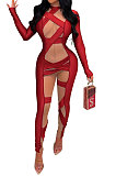 Fashion Sexy Casual Pure Color Perspectivity Skinny Mid Waist Bodycon Jumpsuits CCY9620