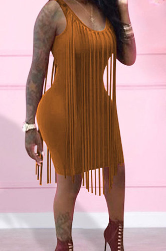 Sexy Nigh Club Cotton Blend Sleeveless Tassel Bodycon Solid Color Tank Hip Dress LM88832