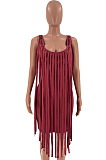 Sexy Nigh Club Cotton Blend Sleeveless Tassel Bodycon Solid Color Tank Hip Dress LM88832