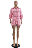 Hot Sales Women Half Sleeve Lapel Neck Single-Breasted Waisted Bandage Solid Color Romper Shorts H1799
