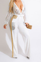 Euramerican Women Sequins Spliced Deep V Collar Perspectivity Pocket Wide Leg Jumpsuits CCY9576