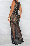 Women Perspectivity Hot Drilling Sleeveless Split Long Dress No Underwear CCY9598