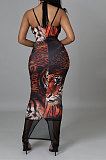 Trendy Casual Condole Belt Halter Neck Tiger Printing Perspectivity Hip Split Long Dress CCY9574