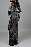 Fashion Sexy Long Sleeve Round Collar Feather Hip Hot Drilling Long Dress CCY9578