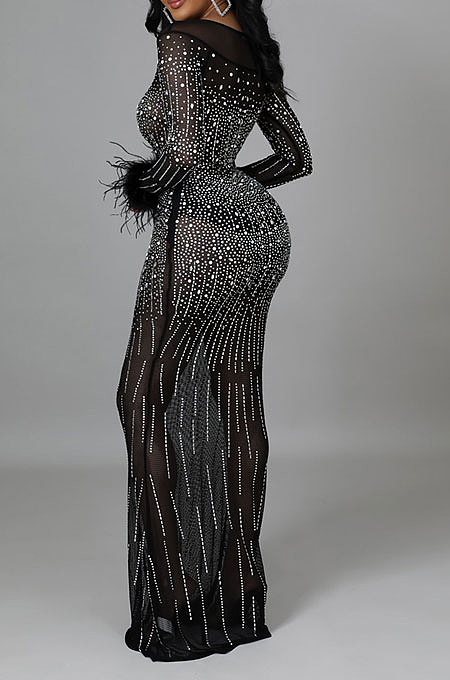 Fashion Sexy Long Sleeve Round Collar Feather Hip Hot Drilling Long Dress CCY9578
