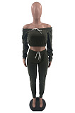 Wholesal Cotton Women Long Sleeve Off Shoulder Bowknot Crop Tops Trousres Casual Sets HMR6089