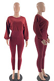 Euramerican Women Club Pure Color Woolen Batwing Sleeve Round Neck Collect Waist Tops Skinny Pants Fashion Suits LM88825