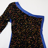 Trendy Sexy Women Oblique Shoulder Sequins PU Hip Skinny Bodycon Jumpsuits CCY9585