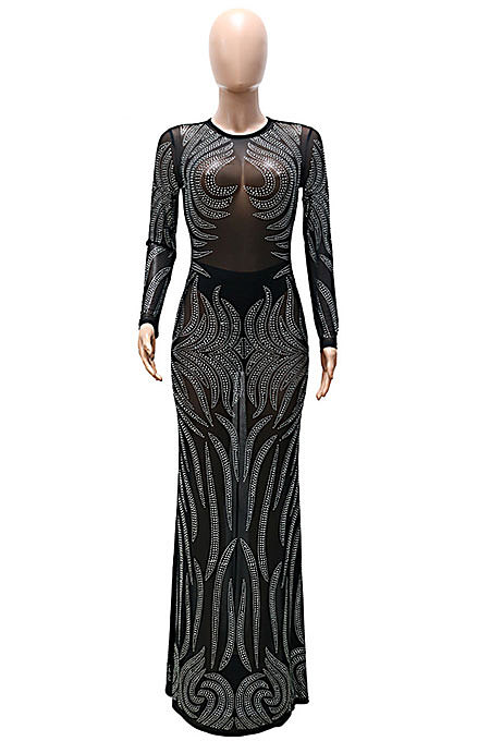 Women Fashion Sexy Long Sleeve Bling Bling Perspectivity Hip Fishtail Skirt Long Dress No Underwera CCY9577
