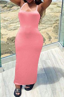 Euramerican Women Condole Belt Solid Color Bodycon Long Dress NK273
