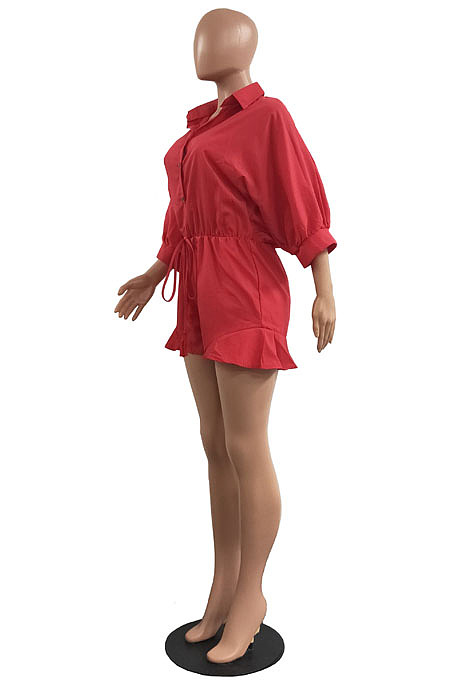 Hot Sales Women Half Sleeve Lapel Neck Single-Breasted Waisted Bandage Solid Color Romper Shorts H1799
