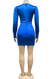 Fashion Women Sexy Pure Color Long Sleeve Hollow Out Ruffle Hip Mini Dress XZ5583