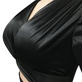 Fashion Women Sexy Pure Color Long Sleeve Hollow Out Ruffle Hip Mini Dress XZ5583