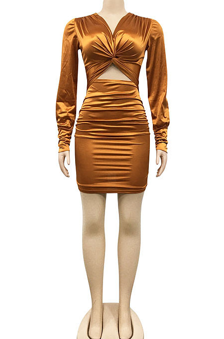 Fashion Women Sexy Pure Color Long Sleeve Hollow Out Ruffle Hip Mini Dress XZ5583