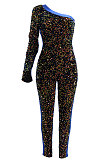 Trendy Sexy Women Oblique Shoulder Sequins PU Hip Skinny Bodycon Jumpsuits CCY9585