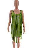 Sexy Nigh Club Cotton Blend Sleeveless Tassel Bodycon Solid Color Tank Hip Dress LM88832