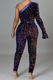 Trendy Sexy Women Oblique Shoulder Sequins PU Hip Skinny Bodycon Jumpsuits CCY9585