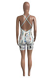 Women Milk Solk Printing Backless Condole Belt Romper Shorts NK271