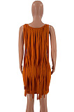 Sexy Nigh Club Cotton Blend Sleeveless Tassel Bodycon Solid Color Tank Hip Dress LM88832