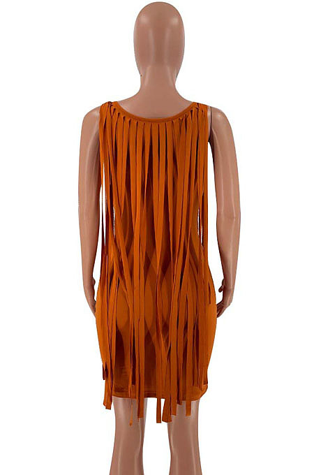 Sexy Nigh Club Cotton Blend Sleeveless Tassel Bodycon Solid Color Tank Hip Dress LM88832