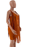 Sexy Nigh Club Cotton Blend Sleeveless Tassel Bodycon Solid Color Tank Hip Dress LM88832