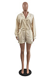 Whoelsale Simple Women Long Sleeve Lapel Neck Single-Breasted Collect Waist Bandage Shirts Romper Shorts H1800