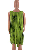 Sexy Nigh Club Cotton Blend Sleeveless Tassel Bodycon Solid Color Tank Hip Dress LM88832