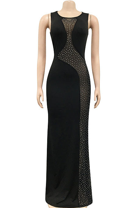 Sexy Bling Bling Mesh Spaghetti Perspectivity Sleeveless Backless Bodycon Long Dress XZ5580