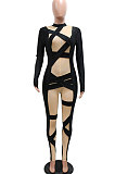Fashion Sexy Casual Pure Color Perspectivity Skinny Mid Waist Bodycon Jumpsuits CCY9620