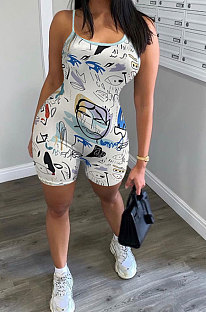 Women Milk Solk Printing Backless Condole Belt Romper Shorts NK271