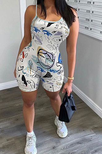 Women Milk Solk Printing Backless Condole Belt Romper Shorts NK271