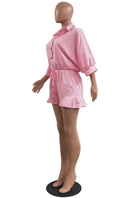 Hot Sales Women Half Sleeve Lapel Neck Single-Breasted Waisted Bandage Solid Color Romper Shorts H1799