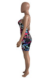 Women Milk Solk Printing Backless Condole Belt Romper Shorts NK271