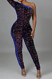 Trendy Sexy Women Oblique Shoulder Sequins PU Hip Skinny Bodycon Jumpsuits CCY9585