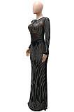 Women Fashion Sexy Long Sleeve Bling Bling Perspectivity Hip Fishtail Skirt Long Dress No Underwera CCY9577