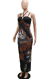 Trendy Casual Condole Belt Halter Neck Tiger Printing Perspectivity Hip Split Long Dress CCY9574