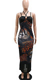 Trendy Casual Condole Belt Halter Neck Tiger Printing Perspectivity Hip Split Long Dress CCY9574