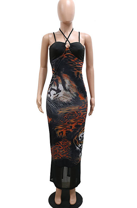 Trendy Casual Condole Belt Halter Neck Tiger Printing Perspectivity Hip Split Long Dress CCY9574