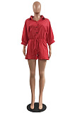 Hot Sales Women Half Sleeve Lapel Neck Single-Breasted Waisted Bandage Solid Color Romper Shorts H1799