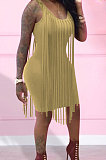 Sexy Nigh Club Cotton Blend Sleeveless Tassel Bodycon Solid Color Tank Hip Dress LM88832